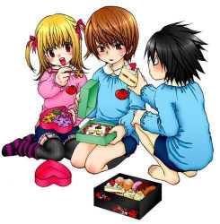 Rule 34 | 1girl, 2boys, aged down, amane misa, bags under eyes, bento, cake, cream puff, death note, food, garter belt, garter straps, kindergarten, kindergarten uniform, l (death note), lowres, multiple boys, pastry, shueisha, socks, thighhighs, two side up, yagami light, yagami souichirou
