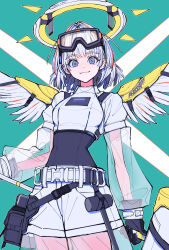 Rule 34 | 1girl, aqua background, belt, black gloves, blue eyes, cowboy shot, feathered wings, gloves, goggles, goggles on head, halo, highres, holding, kaneni, long sleeves, looking at viewer, original, see-through, see-through sleeves, smile, solo, white belt, white wings, wings