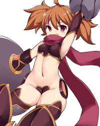 Rule 34 | 1girl, :d, ahoge, arm up, blush, breasts, brown hair, dina (sennen sensou aigis), heart maebari, holding, holding weapon, looking at viewer, maebari, midriff, navel, nemui (nemui), open mouth, red eyes, scarf, sennen sensou aigis, short hair, short twintails, simple background, small breasts, smile, solo, striped, thighhighs, twintails, weapon, white background