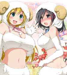 Rule 34 | 10s, 2girls, :d, animal costume, aqua eyes, atago (kancolle), black eyes, black hair, blonde hair, blue ribbon, blush, breasts, butt crack, cleavage, collarbone, earth ekami, elbow gloves, embarrassed, fingerless gloves, flower, gloves, groin, haguro (kancolle), hair ornament, hood, kantai collection, large breasts, long hair, midriff, multiple girls, navel, open mouth, pink ribbon, ribbon, sheep costume, smile, twitter username, white gloves
