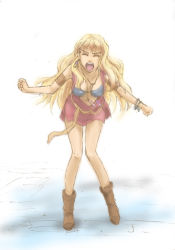 Rule 34 | 00s, 1girl, bent over, blonde hair, boots, brown footwear, closed eyes, full body, hirasawa meio, knee boots, long hair, macross, macross frontier, midriff, navel, open mouth, screaming, sheryl nome, simple background, solo, standing, stomach, very long hair, white background, wince