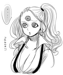 Rule 34 | 1girl, breasts, charlotte pudding, cleavage, extra eyes, image sample, large breasts, long hair, monochrome, monster girl, one piece, pano (uehe), pirate, pixiv sample, ponytail, simple background, solo, suspenders, third eye, translation request