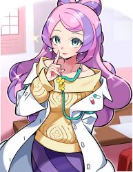 Rule 34 | 1girl, buttons, coat, collarbone, commentary request, creatures (company), earrings, game freak, green eyes, hand up, highres, hyou (hyouga617), index finger raised, jewelry, long hair, long sleeves, miriam (pokemon), nintendo, open clothes, open coat, open mouth, pink hair, pokemon, pokemon sv, purple skirt, skirt, smile, solo, sparkle, sweater, white coat, yellow sweater