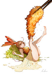 Rule 34 | 1girl, absurdres, ass, barefoot, breasts, brown hair, chopsticks, food, food as clothes, food focus, highres, keisuke1105, legs up, lying, mini person, minigirl, on back, open mouth, original, personification, shrimp, shrimp tempura, signature, simple background, sleeveless, surprised, swept bangs, tempura, undressing, vegetable, white background