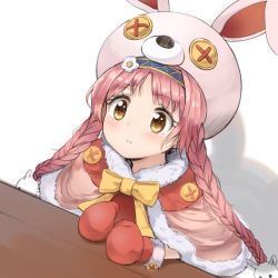 Rule 34 | 1girl, animal hat, blush, bow, bowtie, braid, button eyes, buttons, capelet, closed mouth, dargo, flower, fur trim, hair flower, hair ornament, hairband, hat, long hair, looking up, mimi (princess connect!), mittens, pink hair, princess connect!, rabbit hair ornament, rabbit hat, red mittens, shadow, sidelocks, solo, twin braids, twintails, upper body, yellow bow, yellow bowtie, yellow eyes