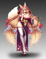 Rule 34 | absurdres, bell, blonde hair, bow, breasts, cape, geta, hair bell, hair bow, hair ornament, highres, hime tyan art, japanese clothes, kimono, kitsune, large breasts, lingerie, long hair, non-web source, original, smoking pipe, teasing, thighhighs, tube, underwear