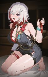 Rule 34 | 1girl, absurdres, bare shoulders, black gloves, blue eyes, breasts, cleavage, colored inner hair, gloves, hair ornament, highres, honkai: star rail, honkai (series), large breasts, leash, looking at viewer, multicolored hair, nvl, red hair, short hair, smile, solo, streaked hair, sweat, thigh strap, thighs, topaz (honkai: star rail), two-tone hair, white hair