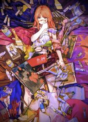 Rule 34 | 1girl, bnbnfumiya, bottle, camisole, feet out of frame, highres, long hair, orange eyes, orange hair, original, paint on body, paintbrush, painting (object), partially buried, solo, white camisole