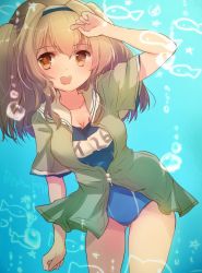 Rule 34 | 10s, 1girl, :d, breasts, brown eyes, brown hair, bubble, hairband, i-26 (kancolle), kantai collection, light brown hair, long hair, looking at viewer, medium breasts, name tag, nanahamu, one-piece swimsuit, open clothes, open mouth, sailor collar, school swimsuit, short sleeves, smile, solo, swimsuit, swimsuit under clothes, twitter username, two-tone hairband, two side up, underwater