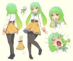 Rule 34 | 1girl, 4chan, :d, belt, black belt, black footwear, blouse, bow, bowtie, braid, brown eyes, character sheet, closed mouth, clothing cutout, clover, drawfag, emphasis lines, english text, flying sweatdrops, freckles, gradient hair, green hair, green neckwear, grey pantyhose, hair ornament, hairclip, highres, index finger raised, long hair, long sleeves, looking at viewer, meme, multicolored hair, multiple views, official art, open mouth, pantyhose, plaid, pleated skirt, shirt, shoes, side cutout, simple background, skirt, smile, standing, tongue, tongue out, virtual youtuber, white neckwear, white shirt, wide-eyed, yellow skirt