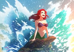 Rule 34 | 1girl, absurdres, ariel (disney), arm support, blue eyes, breasts, breasts apart, commentary, disney, ducklordethan, english commentary, highres, long hair, medium breasts, mermaid, monster girl, navel, red hair, rock, sea spray, smile, solo, teeth, the little mermaid, water, waves, wet
