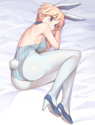 Rule 34 | 10s, 1girl, adapted costume, animal ears, ass, back, backless outfit, bare shoulders, blonde hair, blue footwear, blush, brave witches, breasts, fake animal ears, full body, high heels, highres, konnyaku (kk-monmon), leotard, looking at viewer, lying, medium breasts, nikka edvardine katajainen, on bed, on side, pantyhose, playboy bunny, rabbit ears, rabbit tail, shoes, short hair, smile, solo, strapless, strapless leotard, tail, white pantyhose, world witches series, wrist cuffs