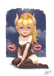 Rule 34 | 1girl, aduo, aged down, bare shoulders, black leotard, black thighhighs, blonde hair, blue eyes, blush, bowsette, breasts, child, cleavage, cloud, collar, crown, earrings, embarrassed, full body, highres, horns, jewelry, kneeling, leotard, looking at viewer, mario (series), new super mario bros. u deluxe, nintendo, open mouth, piranha plant, pointy ears, ponytail, sharp teeth, shoulder spikes, simple background, sky, sleeveless, small breasts, solo, spiked collar, spikes, strapless, super crown, teeth, thighhighs, white background