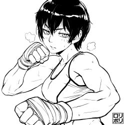 Rule 34 | 1girl, breasts, cleavage, clenched hands, commentary, english commentary, fighting stance, greyscale, hair between eyes, hand wraps, heavy breathing, high contrast, highres, inktober, jamrolypoly, monochrome, muscular, muscular female, saotome senshu hita kakusu, saotome yae, short hair, solo, sports bra, sweat, nervous sweating, tomboy, watermark