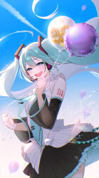 Rule 34 | 1girl, 39, :d, absurdres, arm tattoo, balloon, black skirt, black sleeves, blue eyes, blue hair, blue necktie, blue sky, contrail, detached sleeves, dress shirt, floating hair, hair between eyes, half-closed eyes, hatsune miku, headphones, headset, highres, holding, holding balloon, long hair, long sleeves, looking at viewer, mamo (fortune-mm), microphone, miniskirt, necktie, number tattoo, open mouth, pleated skirt, see-through, see-through sleeves, shirt, skirt, sky, sleeveless, sleeveless shirt, smile, solo, standing, tattoo, twintails, very long hair, vocaloid, white shirt