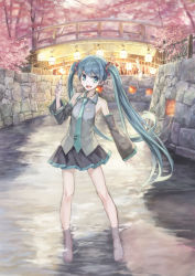 Rule 34 | 54cr, aqua eyes, aqua necktie, autumn leaves, bare shoulders, barefoot, black skirt, black sleeves, blue hair, bridge, detached sleeves, full body, grey shirt, hair ornament, hand up, hatsune miku, highres, holding, lantern, leaf, long hair, looking at viewer, miniskirt, necktie, open mouth, outdoors, river, rope, shide, shirt, skirt, sleeveless, sleeveless shirt, smile, solo, standing, stone wall, tree, twintails, very long hair, vocaloid, w, wading, wall, wooden box