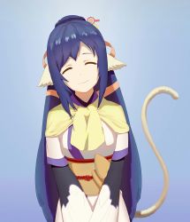 Rule 34 | 1girl, absurdly long hair, ainu clothes, animal ears, aquaplus, blue hair, breasts, cat tail, closed eyes, closed mouth, dress, gundamkuns, hair ornament, happy, head tilt, highres, kuon (utawarerumono), layered sleeves, long hair, long sleeves, medium breasts, ponytail, scarf, sidelocks, smile, solo, tail, upper body, utawarerumono, utawarerumono: itsuwari no kamen, very long hair, white tail, yellow scarf