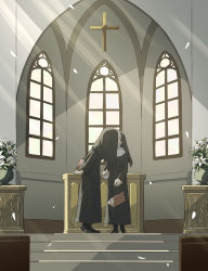 Rule 34 | 2girls, absurdres, altar, arms behind back, avogado6, black footwear, black robe, book, catholic, christianity, church, commentary request, cross, dropping, falling petals, flower, full body, habit, highres, indoors, kiss, lily (flower), long sleeves, multiple girls, nun, original, petals, plant, potted plant, robe, standing, sunlight, traditional nun, white flower, window, yuri