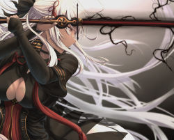 Rule 34 | 1girl, ahoge, arm guards, black bow, black coat, bow, breasts, cleavage cutout, clothing cutout, coat, commentary request, dark-skinned female, dark skin, fate/grand order, fate (series), hair bow, high collar, highres, holding, holding sword, holding weapon, large breasts, long hair, okita souji alter (fate), okita souji (fate), solo, sword, weapon, white hair, yagi (yagi5art), yellow eyes