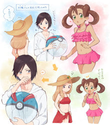 Rule 34 | 1boy, 2girls, :d, alternate costume, arrow (symbol), ball, bare arms, beachball, bikini, blush, blush stickers, bracelet, brown hair, calem (pokemon), clenched hands, commentary request, creatures (company), eyelashes, flying sweatdrops, game freak, green eyes, hands up, hat, heart, highres, holding, holding ball, holding beachball, hood, hoodie, jewelry, multiple girls, navel, nintendo, open mouth, pink bikini, pokemon, pokemon xy, polka dot, polka dot swimsuit, red sarong, sarong, serena (pokemon), shauna (pokemon), smile, sparkle, spoken blush, squiggle, straw hat, swimsuit, thought bubble, translation request, white hoodie, yairo (sik s4)