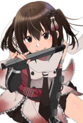 Rule 34 | 10s, 1girl, black gloves, black neckerchief, brown eyes, brown hair, buttons, closed mouth, commentary, elbow gloves, fingerless gloves, frills, gloves, hair between eyes, hair ornament, holding, holding torpedo, kantai collection, long hair, looking at viewer, machinery, neckerchief, pleated skirt, rigging, rinto (rint rnt), scarf, school uniform, sendai (kancolle), sendai kai ni (kancolle), simple background, skirt, sleeveless, smile, solo, torpedo, turret, two-tone background, weapon, white background, white scarf