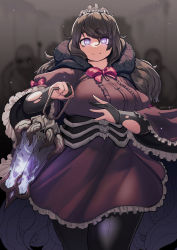 Rule 34 | 1girl, @ @, absurdres, blurry, blurry background, bone, bow, bowtie, breasts, buttons, dated, dot nose, frills, gloves, hair between eyes, highres, holding, lantern, long hair, looking at viewer, partially fingerless gloves, purple eyes, shadow, skull, smile, spine, split mouth, tajyador, tiara, torn clothes, torn gloves