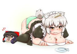 Rule 34 | 1girl, all fours, alternate costume, animal ears, black thighhighs, blush, breasts, broken plate, cake, cleavage, crying, crying with eyes open, d:, dress, enmaided, fang, fat, food, food on face, food on head, fruit, green panties, hakurei reimu, hitotsubashi inari, icing, inubashiri momiji, large breasts, maid, mary janes, object on head, open mouth, orange eyes, panties, plate, plump, shoe print, shoes, side-tie panties, silver hair, solo, stepped on, strawberry, streaming tears, tail, tears, thighhighs, top-down bottom-up, touhou, underwear, uneven eyes, wolf ears, wolf tail, wrist cuffs, yukkuri shiteitte ne