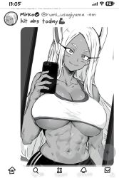 Rule 34 | 1girl, abs, animal ears, bare shoulders, battery indicator, blush, boku no hero academia, breasts, cellphone, cleavage, collarbone, dark-skinned female, dark skin, english text, fanbox username, greyscale, guchapin, highres, holding, holding phone, large breasts, long hair, looking at self, mirko, mirror, monochrome, navel, parted bangs, patreon username, phone, rabbit ears, rabbit girl, reflection, selfie, smartphone, smile, solo, sports bra, stomach, timestamp, toned, twitter, twitter verified checkmark, underboob, upper body, very long hair, white hair, wifi symbol