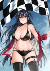 Rule 34 | 1girl, azur lane, bare shoulders, bikini, black bikini, black choker, black hair, black thighhighs, blue sky, breasts, checkered flag, choker, cleavage, crossed bangs, eyewear on head, flag, from below, haru (hr works), highleg, highleg bikini, highres, holding, holding flag, huge breasts, jacket, long hair, looking at viewer, multi-strapped bikini bottom, multiple straps, official alternate costume, open clothes, open jacket, race queen, red eyes, red jacket, skindentation, sky, solo, swimsuit, taihou (azur lane), taihou (enraptured companion) (azur lane), thigh strap, thighhighs, very long hair