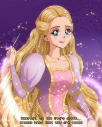 Rule 34 | 1990s (style), absurdly long hair, animification, barbie (character), barbie (franchise), barbie as rapunzel, barbie movies, blonde hair, blue eyes, braid, brenni murasaki, caption, dress, eyelashes, glowing, happy, jewelry, juliet sleeves, long hair, long sleeves, multiple braids, necklace, paintbrush, painting (action), pink dress, pink lips, poem, princess, puffy sleeves, purple background, purple dress, rapunzel, retro artstyle, smile, solo, sparkle, sparkle background, very long hair, wand