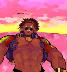 Rule 34 | 1boy, absurdres, bara, bare pectorals, dark-skinned male, dark skin, dee jay, ere (ere ere), grabbing, grabbing from behind, highres, large pectorals, male focus, muscular, muscular male, navel, nipples, pectoral grab, pectorals, pink background, solo focus, standing, stomach, street fighter, street fighter 6, strongman waist, sunglasses, sunset, thick eyebrows, wide-eyed