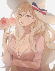 Rule 34 | blonde hair, blue eyes, breasts, dress, flower, french flag, french flag ribbon, hair between eyes, hat, hat ribbon, highres, holding, holding flower, kantai collection, kasumi (skchkko), large breasts, long hair, long sleeves, mole, mole under eye, mole under mouth, open clothes, open dress, ribbon, richelieu (kancolle), smile, sun hat, upper body