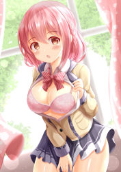 Rule 34 | 1girl, backlighting, black skirt, blush, bow, bra, braid, breasts, brown eyes, brown jacket, cleavage, collared shirt, commentary request, curtains, diagonal stripes, hair between eyes, highres, jacket, large breasts, looking at viewer, ongeki, open clothes, open jacket, open mouth, pink bow, pink bra, pink hair, pleated skirt, shirt, skirt, solo, striped, striped bow, underwear, white shirt, window, xenon (for achieve)