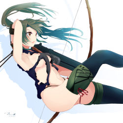 Rule 34 | 10s, 1girl, 2015, alternate breast size, arm behind head, armpits, arrow (projectile), black panties, bow (weapon), breasts, brown eyes, dated, flight deck, hair ribbon, highres, kantai collection, long hair, no bra, no pants, open mouth, panties, ribbon, shadow, sideboob, signature, simple background, solo, tebi (tbd11), thighhighs, torn clothes, twintails, underwear, weapon, white background, zuikaku (kancolle), zuikaku kai ni (kancolle)