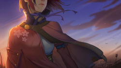 Rule 34 | 10s, 1girl, 2016, arm ribbon, armor, backlighting, blue ribbon, brown hair, choker, cloak, closed mouth, dated, floral print, head out of frame, highres, joshua jin, koutetsujou no kabaneri, lips, long sleeves, mumei (kabaneri), outdoors, ribbon, ribbon choker, short hair, signature, sky, solo, twilight, upper body, wind