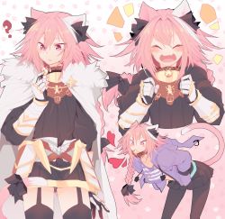 Rule 34 | 1boy, ?, ^ ^, animal ears, armor, astolfo (fate), astolfo (memories at trifas) (fate), bell, bent over, black legwear, black skirt, blush, cat ears, cat tail, closed eyes, collar, facing viewer, fang, fate/apocrypha, fate/grand order, fate (series), garter straps, heart, highres, kemonomimi mode, long hair, looking away, mouth hold, multicolored hair, neck bell, official alternate costume, open mouth, pantyhose, parted lips, pink hair, purple eyes, skin fang, skirt, smile, srinitybeast, standing, tail, tail raised, thighhighs, white hair