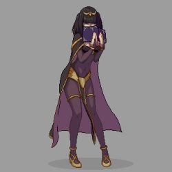 Rule 34 | 1girl, animated, animated gif, anklet, ass shake, black hair, bodystocking, book, breasts, bridal gauntlets, cape, cleavage, covered navel, covering own mouth, fire emblem, fire emblem awakening, full body, grey background, high heels, holding, holding book, jewelry, long hair, looking at viewer, nintendo, owen lee, pelvic curtain, pixel art, purple eyes, simple background, solo, swaying, tharja (fire emblem), thigh strap, tiara