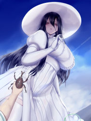 Rule 34 | 1girl, 1other, 2channel, absurdres, beetle, black hair, blue sky, breasts, brown eyes, bug, cloud, commentary, day, dress, elbow gloves, fingernails, from below, garter straps, gloves, hair between eyes, hand up, hasshaku-sama, hat, highres, holding, huge breasts, insect, kumiko shiba, long dress, long fingernails, long hair, looking at viewer, outdoors, outstretched arm, parted lips, pleated dress, pov, pov hands, puffy short sleeves, puffy sleeves, short sleeves, side slit, size difference, sky, solo focus, standing, straight hair, sun hat, sundress, sweat, thighhighs, white dress, white gloves, white headwear, white thighhighs
