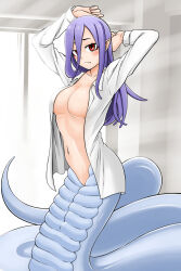 Rule 34 | 1girl, breasts, cleavage, hair over one eye, highres, ksk horikawa, lamia, long hair, looking at viewer, medium breasts, monster girl, navel, no bra, open clothes, original, pointy ears, purple hair, red eyes, solo