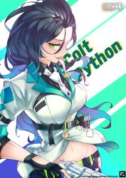 Rule 34 | 1girl, absurdres, belt, black gloves, black hair, blue hair, bullet, bullet in mouth, buttons, character name, colt python, copyright name, double-breasted, eyelashes, fomyu (formula), girls&#039; frontline, gloves, gradient background, gradient hair, green eyes, gun, handgun, highres, hip vent, holding, holding gun, holding weapon, jacket, lapel pin, long hair, looking at viewer, messy hair, multicolored hair, navel, necktie, open clothes, open jacket, partially fingerless gloves, python (girls&#039; frontline), revolver, shooting gloves, solo, trigger discipline, upper body, very long hair, watermark, weapon, web address, white jacket, white necktie