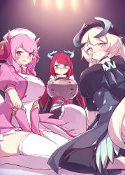 3girls absurdres blonde_hair blue_eyes blush breasts chamber_dragonmaid dragon_girl dragon_horns dragon_tail duel_monster green_eyes hat highres horns huge_breasts kanzakietc looking_at_viewer maid multiple_girls nurse_cap nurse_dragonmaid pink_eyes pink_hair red_hair tail thighhighs yu-gi-oh! zettai_ryouiki