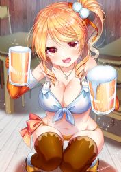 Rule 34 | 1girl, :d, alcohol, beer, beer mug, bikini, blonde hair, breasts, brown eyes, brown thighhighs, chair, cleavage, cup, elbow gloves, gloves, indoors, jewelry, large breasts, long hair, looking at viewer, midriff, mug, navel, necklace, open mouth, orange gloves, original, shoes, side ponytail, smile, solo, swimsuit, teltelhousi, thighhighs, yellow footwear