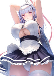 Rule 34 | 1girl, apron, armpits, arms up, azur lane, bare arms, bare shoulders, black skirt, breasts, clothing cutout, cowboy shot, cuboon, dido (azur lane), frilled skirt, frills, headdress, holding, holding sword, holding weapon, large breasts, long hair, looking at viewer, maid, maid apron, miniskirt, panties, pantyshot, pink eyes, shirt, silver hair, simple background, skirt, sleeveless, sleeveless shirt, solo, standing, sword, thighhighs, underboob, underboob cutout, underwear, waist apron, weapon, white background, white panties, white shirt, white thighhighs