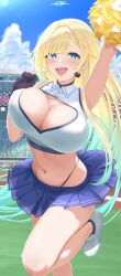 Rule 34 | 1girl, :d, absurdres, aizawa ema, aqua hair, arm up, armpits, bare shoulders, black choker, black gloves, blonde hair, blue eyes, blue hair, blue skirt, blue sky, blunt bangs, blush, bouncing breasts, breasts, bright pupils, cat earrings, cheering, cheerleader, choker, clothes lift, cloud, crop top, day, gloves, gradient hair, hair flaps, highres, holding, holding pom poms, knee up, large breasts, long hair, looking at viewer, midriff, miniskirt, multicolored hair, navel, open mouth, outdoors, pleated skirt, pom pom (cheerleading), pom poms, prsdubstep, shirt, shoes, skindentation, skirt, skirt lift, sky, smile, sneakers, stadium, standing, standing on one leg, stomach, sweat, very long hair, virtual youtuber, vspo!, white pupils, white shirt, wing collar
