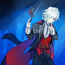 Rule 34 | 1boy, alternate costume, alternate hairstyle, cape, chain, collar, cross, cross necklace, edmond dantes (fate), eyes visible through hair, fate/grand order, fate (series), formal, frilled collar, frills, gloves, goya (xalbino), gradient background, hair over one eye, jewelry, long sleeves, looking at viewer, male focus, necklace, red eyes, signature, silver hair, sketch, smile, solo, upper body, wavy hair