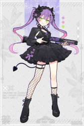 1girl absurdres alternate_costume ankle_boots armpit_cutout black_dress black_footwear blush boots bow clothing_cutout colored_inner_hair commentary_request demon_girl demon_horns demon_tail dress english_text fishnets full_body green_eyes grey_background grin gun highres holding holding_gun holding_weapon hololive horns long_hair looking_at_viewer multicolored_hair pink_hair purple_background purple_bow purple_hair shotgun single_thighhigh smile solo tail thighhighs tokoyami_towa twintails two-tone_background virtual_youtuber waka_(wk4444) watermark weapon weapon_request