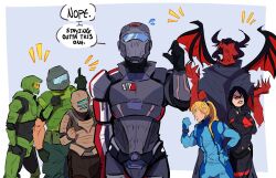 1other 3boys 3girls absurdres android arguing armor assault_visor black_hair blonde_hair blue_bodysuit bodysuit commander_shepard commentary commission crossed_arms crossover dead_space demon_girl demon_horns demon_wings doom_(series) doomguy elster_(signalis) english_commentary english_text flying_sweatdrops gloves green_armor halo_(series) helm helmet highres horns isaac_clarke joints mass_effect_(series) master_chief metal:_hellsinger metroid multiple_boys multiple_girls muscular muscular_male n7_armor narklos nintendo pants ponytail power_armor power_suit praetor_suit robot_girl robot_joints samus_aran second-party_source short_hair signalis spacesuit spartan_(halo) speech_bubble the_unknown_(metal:_hellsinger) wings zero_suit