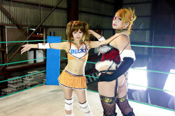 Rule 34 | 2girls, arena, ass, blonde hair, boxing ring, breasts, brown hair, chouzuki maryou, cleavage, cosplay, eyepatch, fingerless gloves, gloves, huge ass, mistress spencer, mistress spencer (cosplay), multiple girls, photo (medium), rebecca welsh, rebecca welsh (cosplay), rumble roses, rumble roses xx, suzuka itsuki, whip