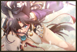 Rule 34 | 1girl, animal ears, armor, asymmetrical sleeves, black border, black hair, blood, blood on face, blue eyes, blurry, border, breasts, commentary, depth of field, detached sleeves, dutch angle, fate/grand order, fate (series), hair over one eye, hat, highres, holding, holding sword, holding weapon, injury, japanese armor, kusazuri, looking at viewer, medium breasts, mismatched sleeves, open mouth, pom pom (clothes), revealing clothes, solo, solo focus, sword, teeth, tokin hat, urara (sia8artchu), ushiwakamaru (fate), weapon