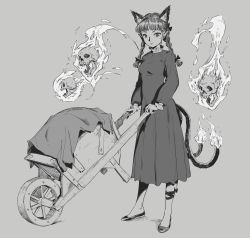 Rule 34 | 1girl, absurdres, animal ears, blunt bangs, braid, cat ears, dress, extra ears, flame-tipped tail, full body, greyscale, highres, hitodama, kaenbyou rin, long hair, looking at viewer, momijigari, monochrome, nekomata, simple background, skull, solo, standing, touhou, twin braids, twintails, wheelbarrow